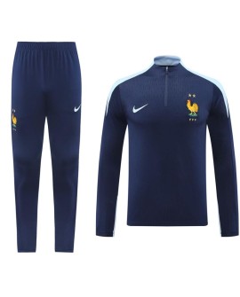 Ensemble d'entraînement de survêtement zippé France (haut + pantalon) bleu marine 2024