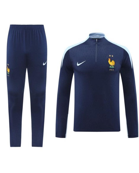 Ensemble d'entraînement de survêtement zippé France (haut + pantalon) bleu marine 2024