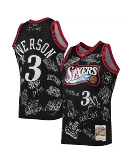 Maillot Swingman Allen Iverson #3 M&N des Philadelphia 76ers pour hommes, noir, 1997-98, Hardwood Classics Tattoo Swingman