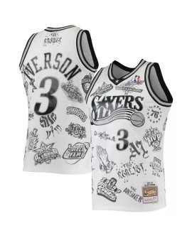 Maillot Swingman de tatouage des Philadelphia 76ers Allen Iverson #3 M&N blanc 1997-98 pour hommes