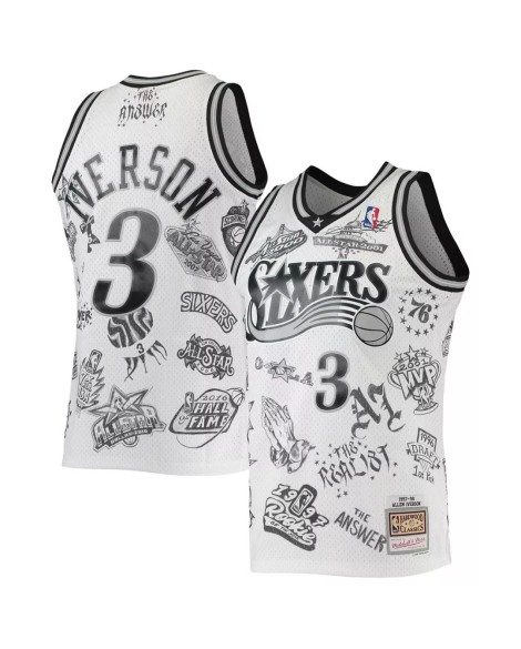 Maillot Swingman de tatouage des Philadelphia 76ers Allen Iverson #3 M&N blanc 1997-98 pour hommes