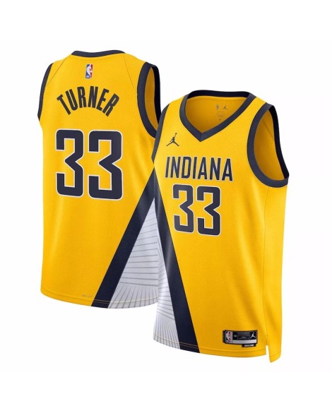 Maillot Swingman Indiana Pacers Myles Turner #33 Jordan Brand jaune 2022/23 pour hommes - Édition Statement